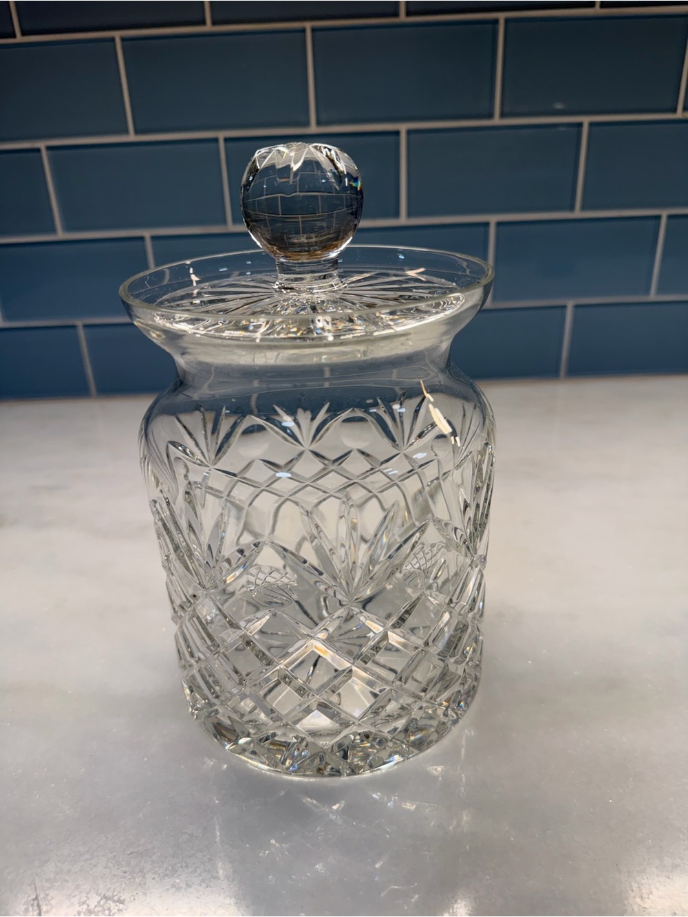 Vintage Cut Crystal Biscuit Cookie Jar With Lid Diamond Fan Pattern 7”